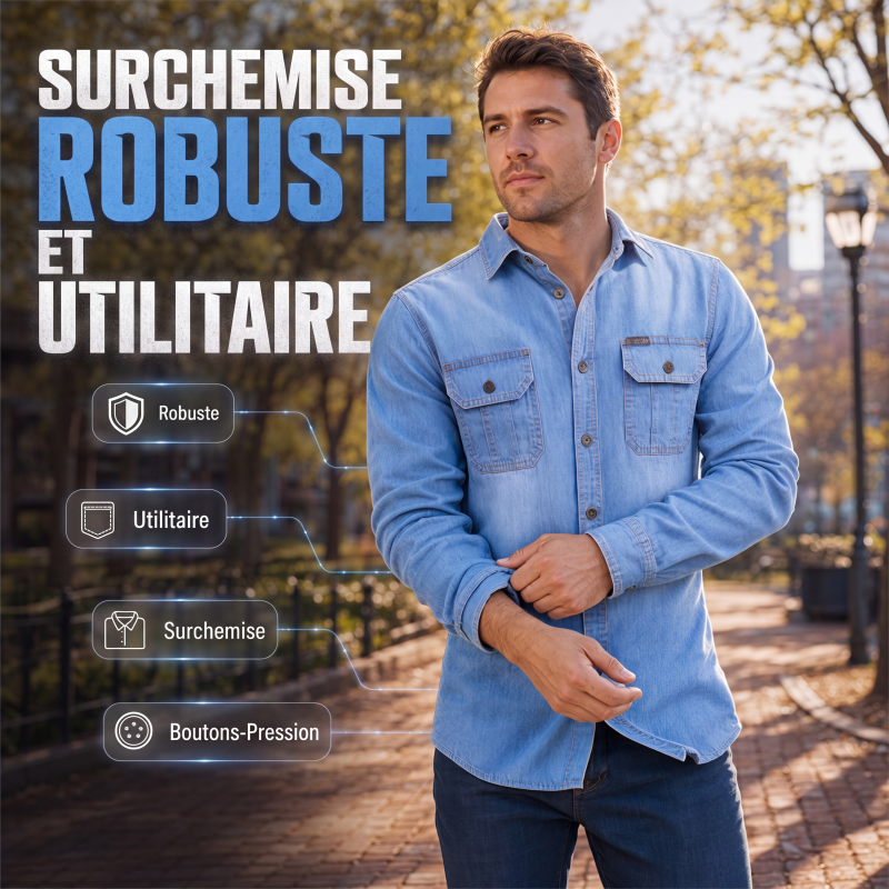 🔥‑56%👔 Chemise en Jean Homme Manches Longues, Modèle Décontracté avec Deux Poches Poitrine🤍 Style Utilitaire Intemporel !