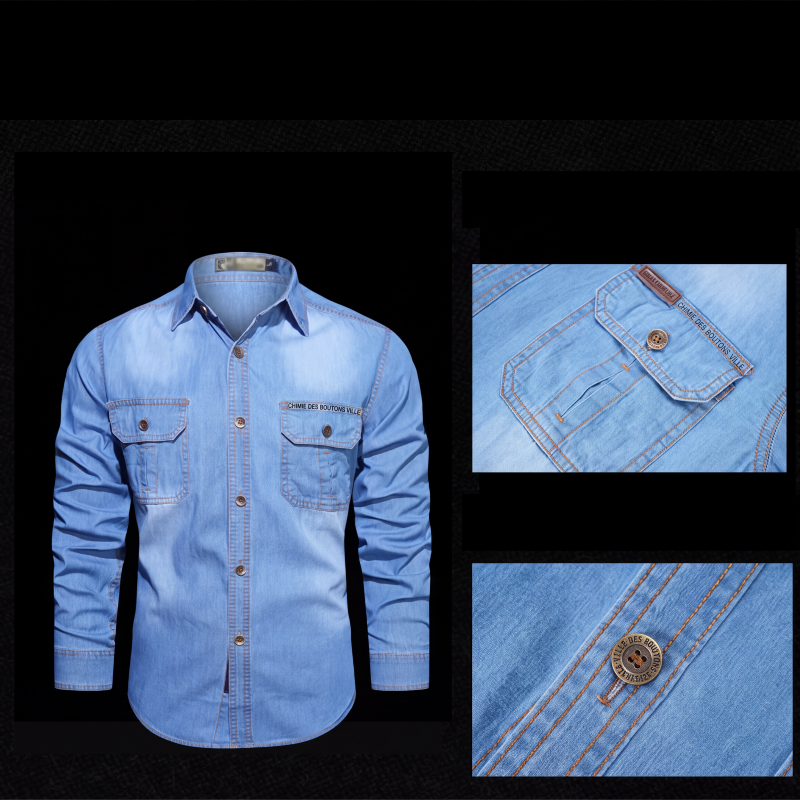 🔥‑56%👔 Chemise en Jean Homme Manches Longues, Modèle Décontracté avec Deux Poches Poitrine🤍 Style Utilitaire Intemporel !